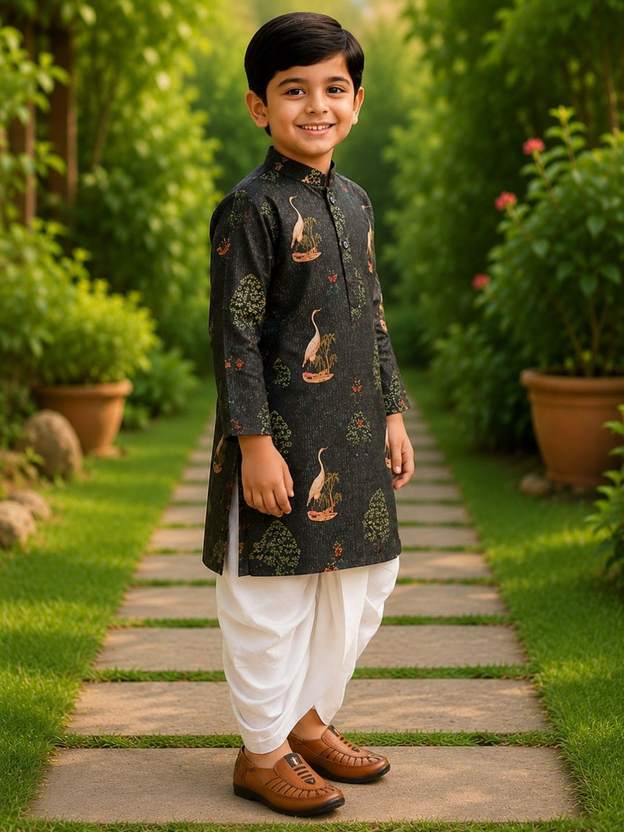 Boys Mandarin Collar Digital Print Ethnic Kurta - Dark Green (Style BK163) (shown with dhoti pant, not included)