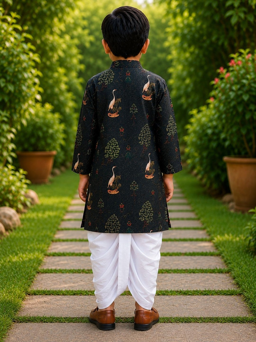 Boys Mandarin Collar Digital Print Ethnic Kurta - Dark Green (Style BK163) (shown with dhoti pant, not included)
