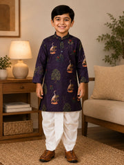 Boys Mandarin Collar Digital Print Ethnic Kurta - Dark Violet (Style BK164) (shown with dhoti pant, not included)