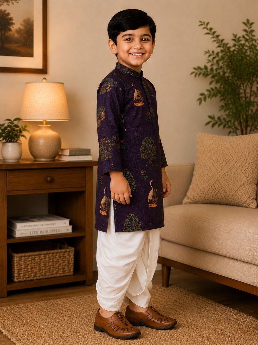 Boys Mandarin Collar Digital Print Ethnic Kurta - Dark Violet (Style BK164) (shown with dhoti pant, not included)