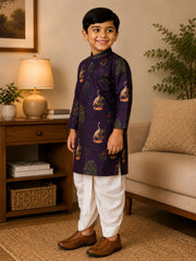 Boys Mandarin Collar Digital Print Ethnic Kurta - Dark Violet (Style BK164) (shown with dhoti pant, not included)