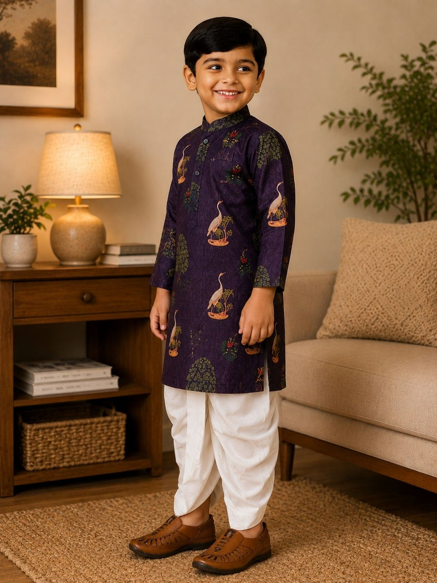 Boys Mandarin Collar Digital Print Ethnic Kurta - Dark Violet (Style BK164) (shown with dhoti pant, not included)