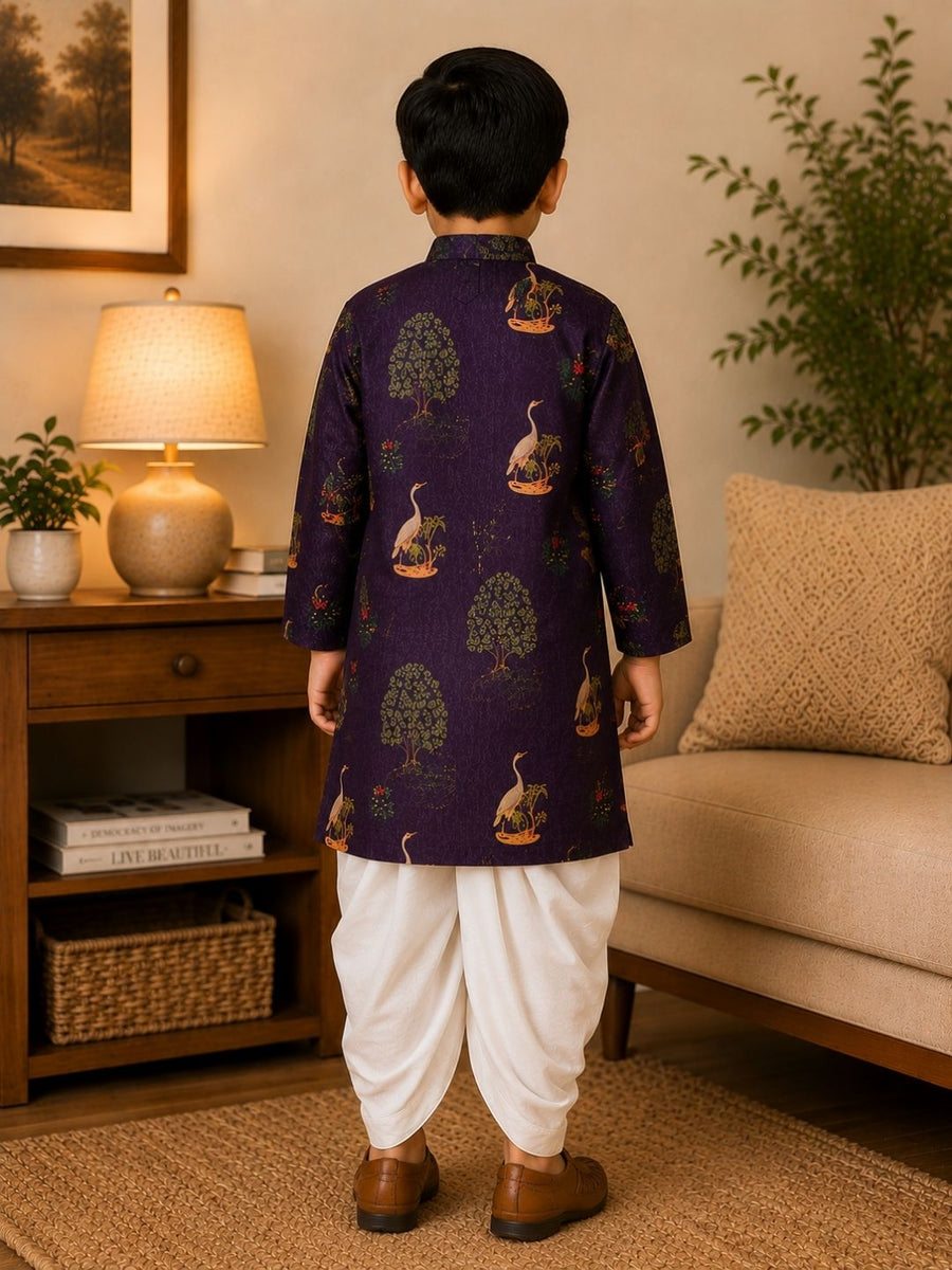 Boys Mandarin Collar Digital Print Ethnic Kurta - Dark Violet (Style BK164) (shown with dhoti pant, not included)
