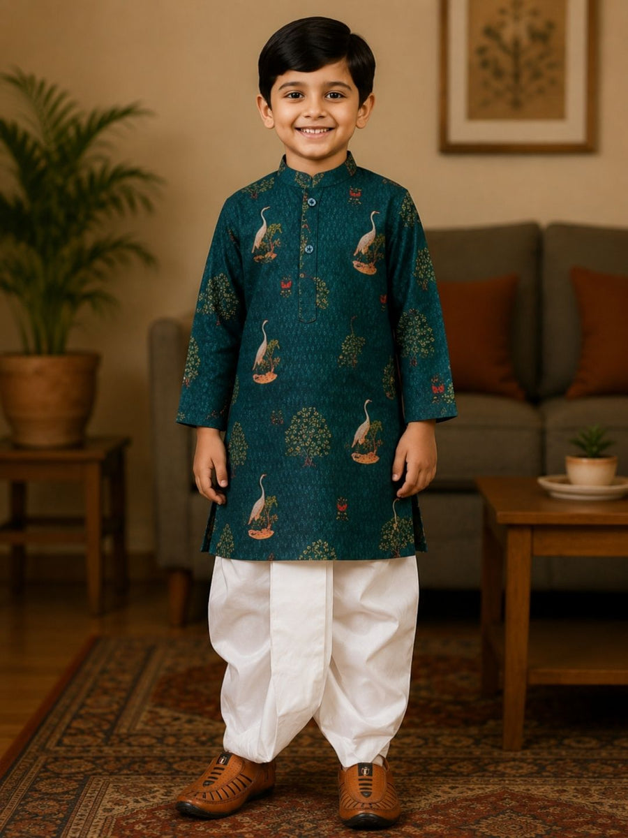 Boys Mandarin Collar Digital Print Ethnic Kurta Set - Dark Green (Style BK165)