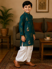 Boys Mandarin Collar Digital Print Ethnic Kurta Set - Dark Green (Style BK165)