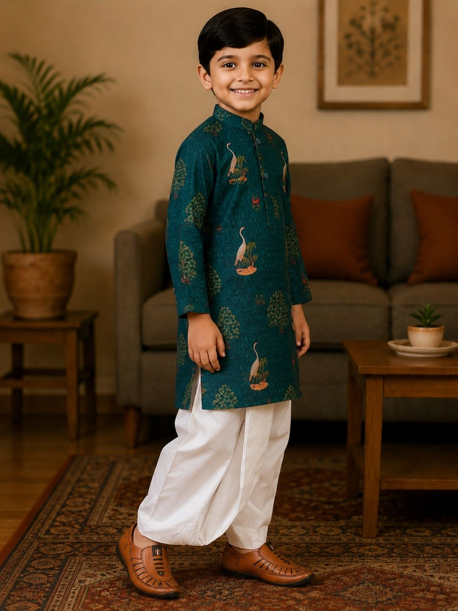 Boys Mandarin Collar Digital Print Ethnic Kurta Set - Dark Green (Style BK165)