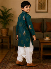 Boys Mandarin Collar Digital Print Ethnic Kurta Set - Dark Green (Style BK165)