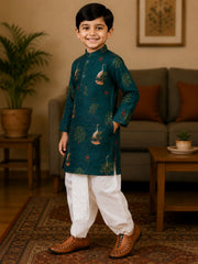 Boys Mandarin Collar Digital Print Ethnic Kurta - Dark Green (Style BK165) (shown with dhoti pant, not included)
