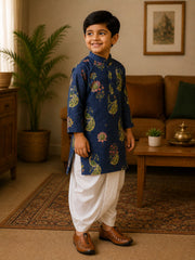 Boys Mandarin Collar Digital Print Ethnic Kurta Set - Blue (Style BK166)