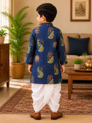 Boys Mandarin Collar Digital Print Ethnic Kurta Set - Blue (Style BK166)
