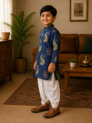 Boys Mandarin Collar Digital Print Ethnic Kurta - Blue (Style BK166) (shown with dhoti pant, not included)