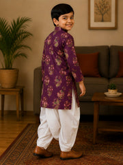 Boys Mandarin Collar Digital Print Ethnic Kurta Set - Purple (Style BK167)
