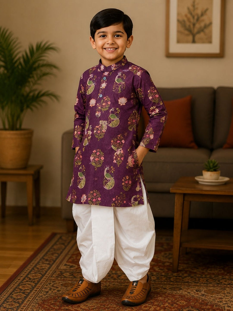 Boys Mandarin Collar Digital Print Ethnic Kurta Set - Purple (Style BK167)