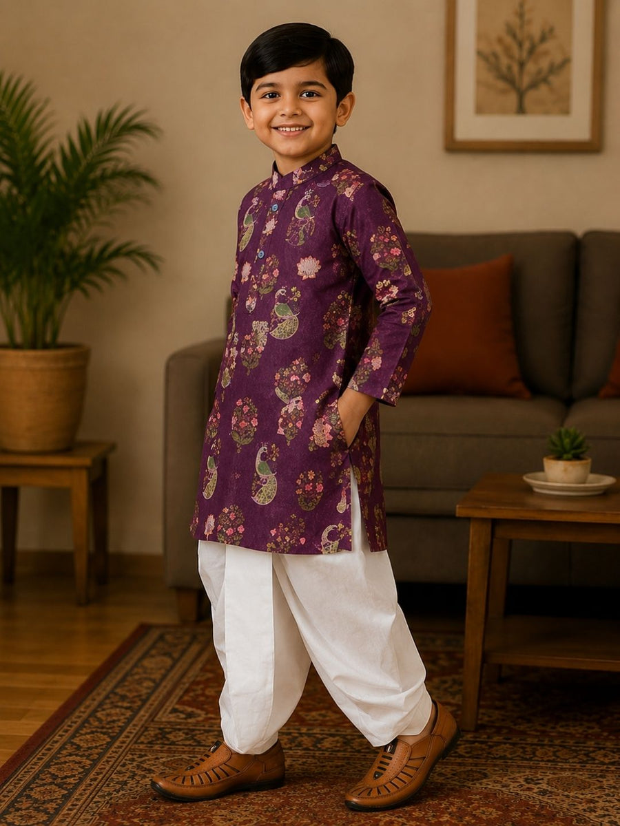Boys Mandarin Collar Digital Print Ethnic Kurta Set - Purple (Style BK167)