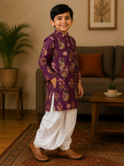 Boys Mandarin Collar Digital Print Ethnic Kurta Set - Purple (Style BK167)