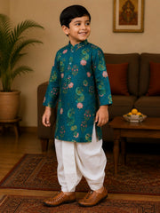 Boys Mandarin Collar Digital Print Ethnic Kurta Set - Dark Green (Style BK168)