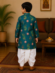 Boys Mandarin Collar Digital Print Ethnic Kurta Set - Dark Green (Style BK168)