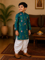 Boys Mandarin Collar Digital Print Ethnic Kurta Set - Dark Green (Style BK168)