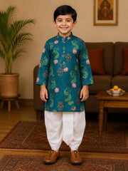 Boys Mandarin Collar Digital Print Ethnic Kurta - Dark Green (Style BK168) (shown with dhoti pant, not included)