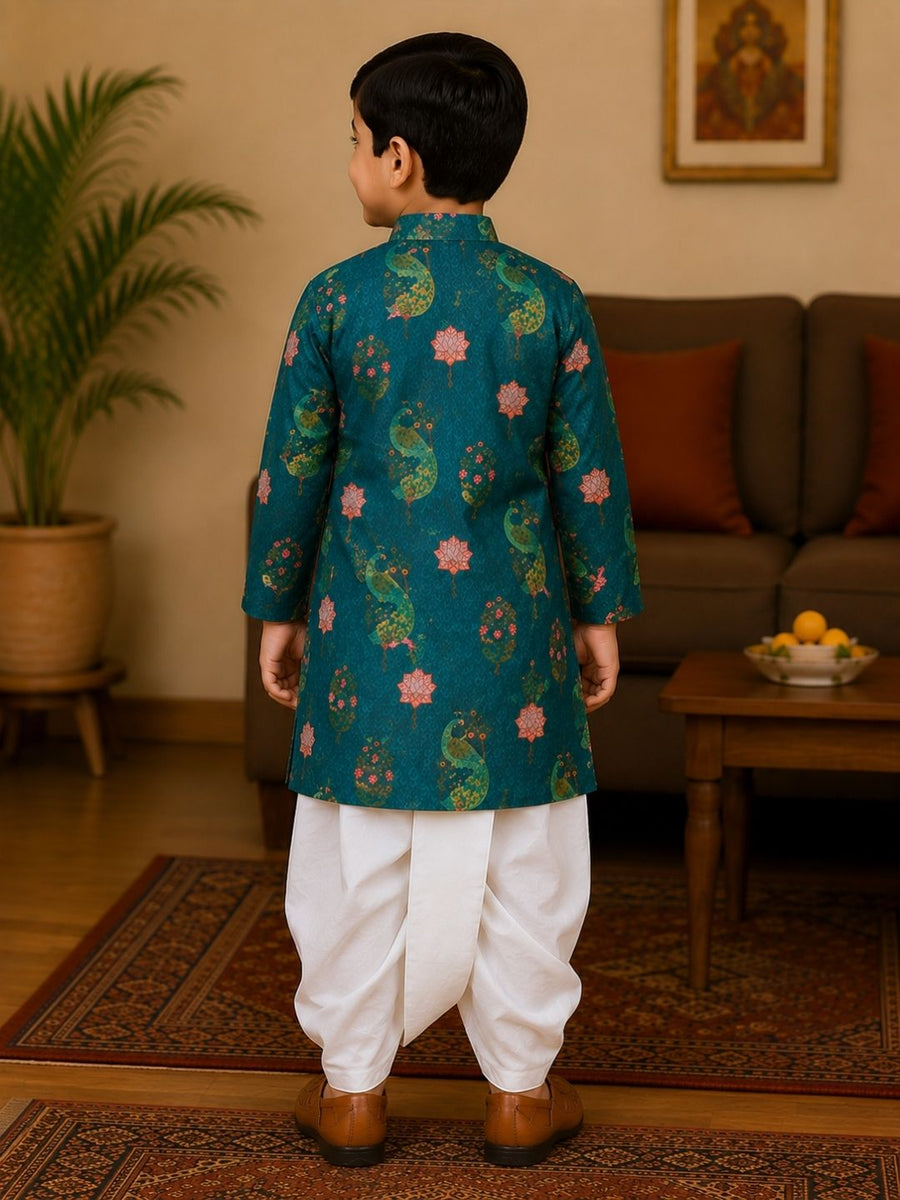 Boys Mandarin Collar Digital Print Ethnic Kurta - Dark Green (Style BK168) (shown with dhoti pant, not included)