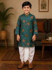 Boys Mandarin Collar Digital Print Ethnic Kurta - Emerald Green (Style BK169) (shown with dhoti pant, not included)