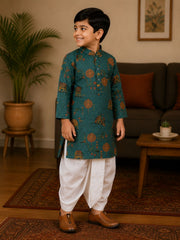 Boys Mandarin Collar Digital Print Ethnic Kurta - Emerald Green (Style BK169) (shown with dhoti pant, not included)