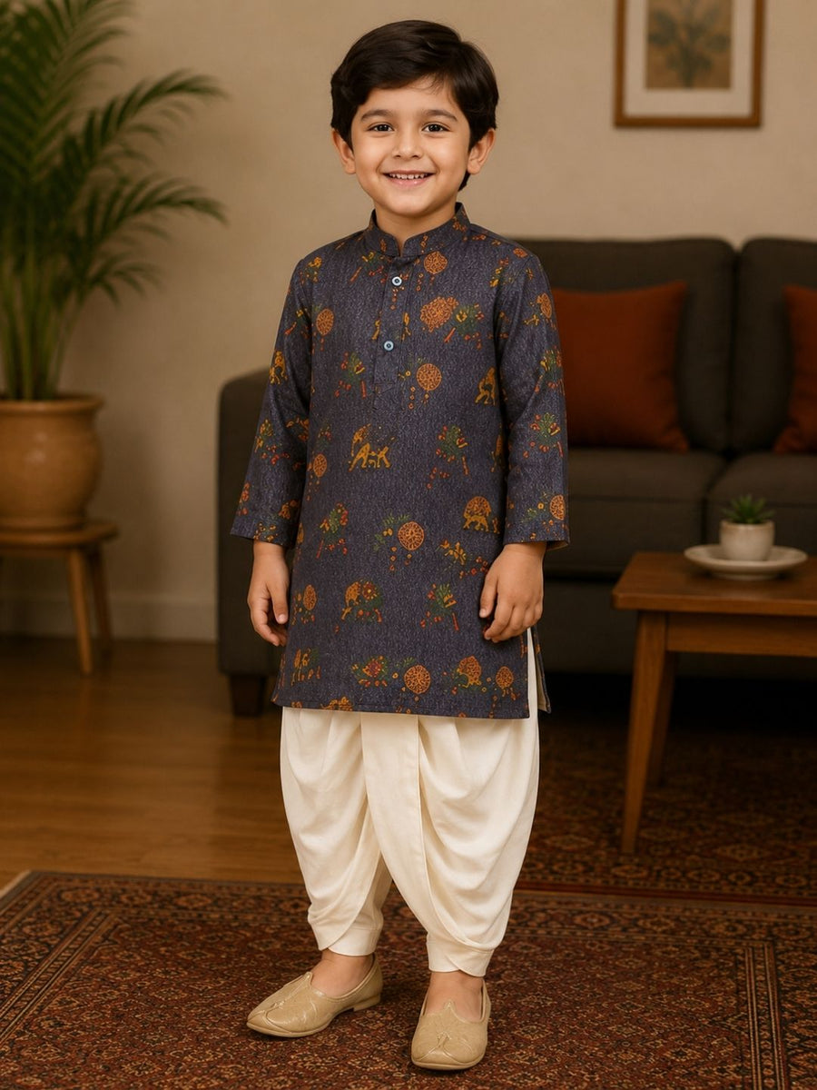 Boys Mandarin Collar Digital Print Ethnic Kurta Set - Navy Blue (Style BK170)