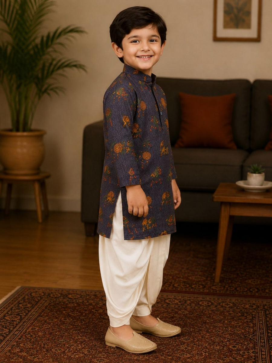Boys Mandarin Collar Digital Print Ethnic Kurta Set - Navy Blue (Style BK170)