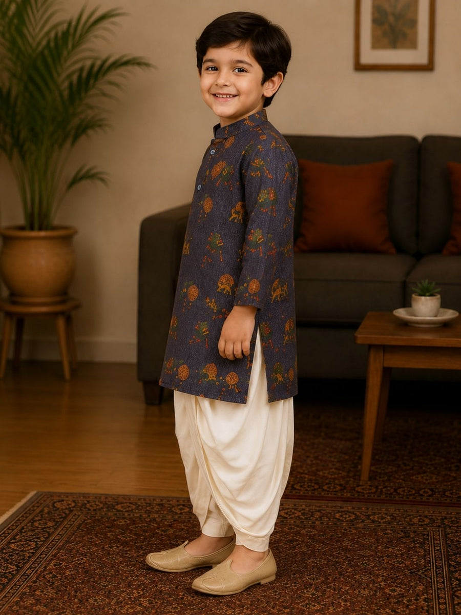 Boys Mandarin Collar Digital Print Ethnic Kurta Set - Navy Blue (Style BK170)