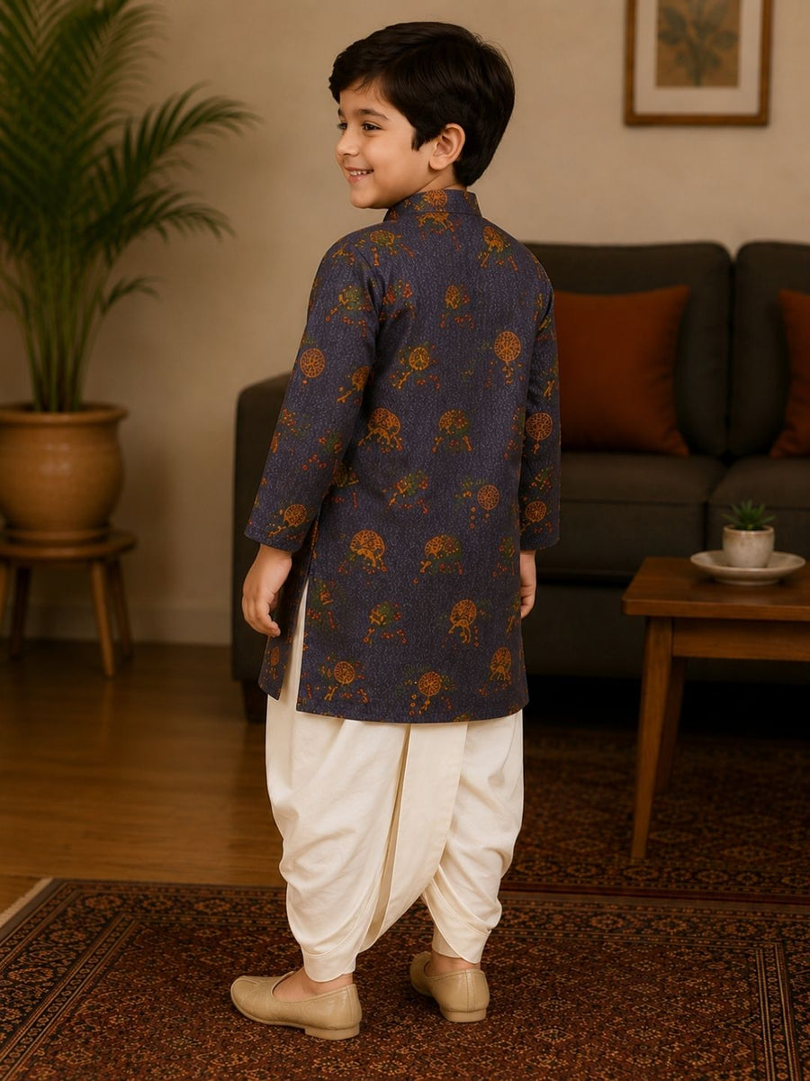 Boys Mandarin Collar Digital Print Ethnic Kurta Set - Navy Blue (Style BK170)