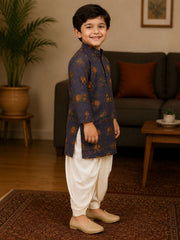 Boys Mandarin Collar Digital Print Ethnic Kurta - Navy Blue (Style BK170) (shown with dhoti pant, not included)