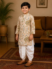 Boys Mandarin Collar Digital Print Ethnic Kurta Set - Cream (Style BK171)