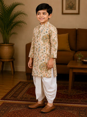 Boys Mandarin Collar Digital Print Ethnic Kurta Set - Cream (Style BK171)
