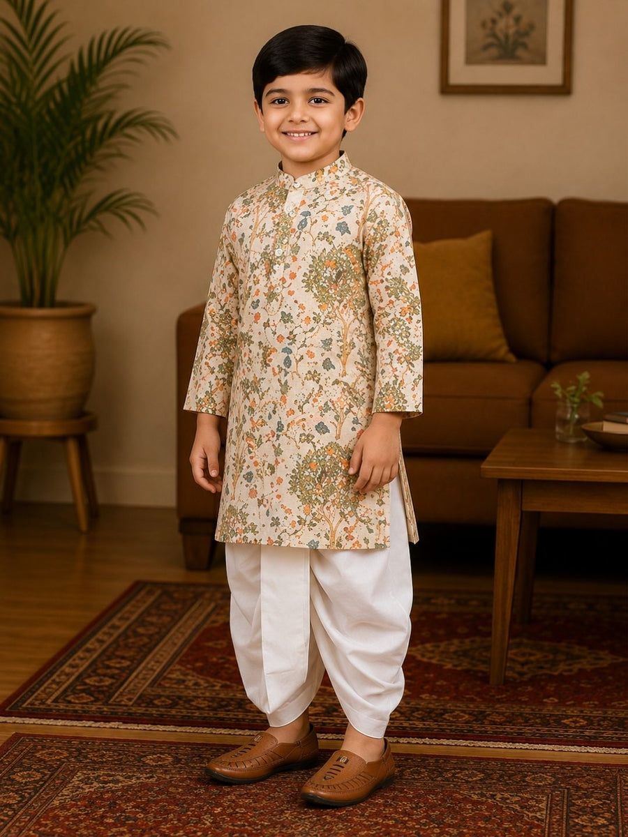 Boys Mandarin Collar Digital Print Ethnic Kurta - Cream (Style BK171) (shown with dhoti pant, not included)