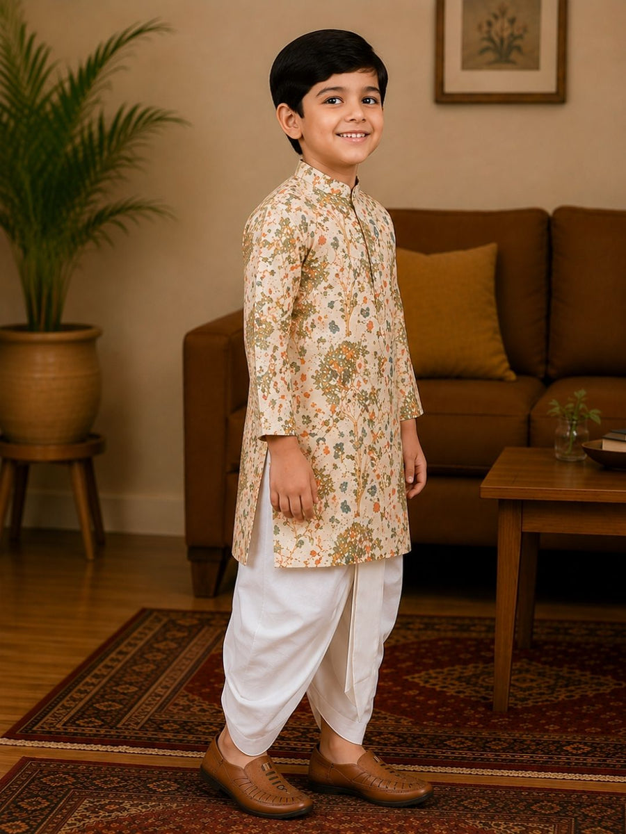 Boys Mandarin Collar Digital Print Ethnic Kurta - Cream (Style BK171) (shown with dhoti pant, not included)