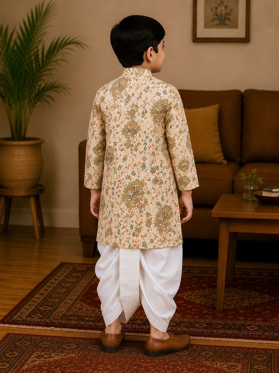 Boys Mandarin Collar Digital Print Ethnic Kurta - Cream (Style BK171) (shown with dhoti pant, not included)