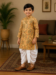 Boys Mandarin Collar Digital Print Ethnic Kurta Set - Mustard Yellow (Style BK172)