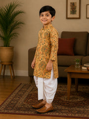 Boys Mandarin Collar Digital Print Ethnic Kurta Set - Mustard Yellow (Style BK172)