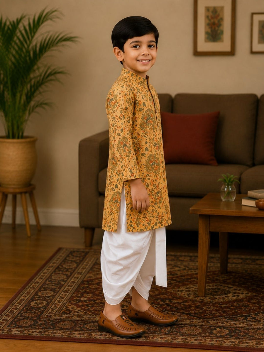 Boys Mandarin Collar Digital Print Ethnic Kurta Set - Mustard Yellow (Style BK172)