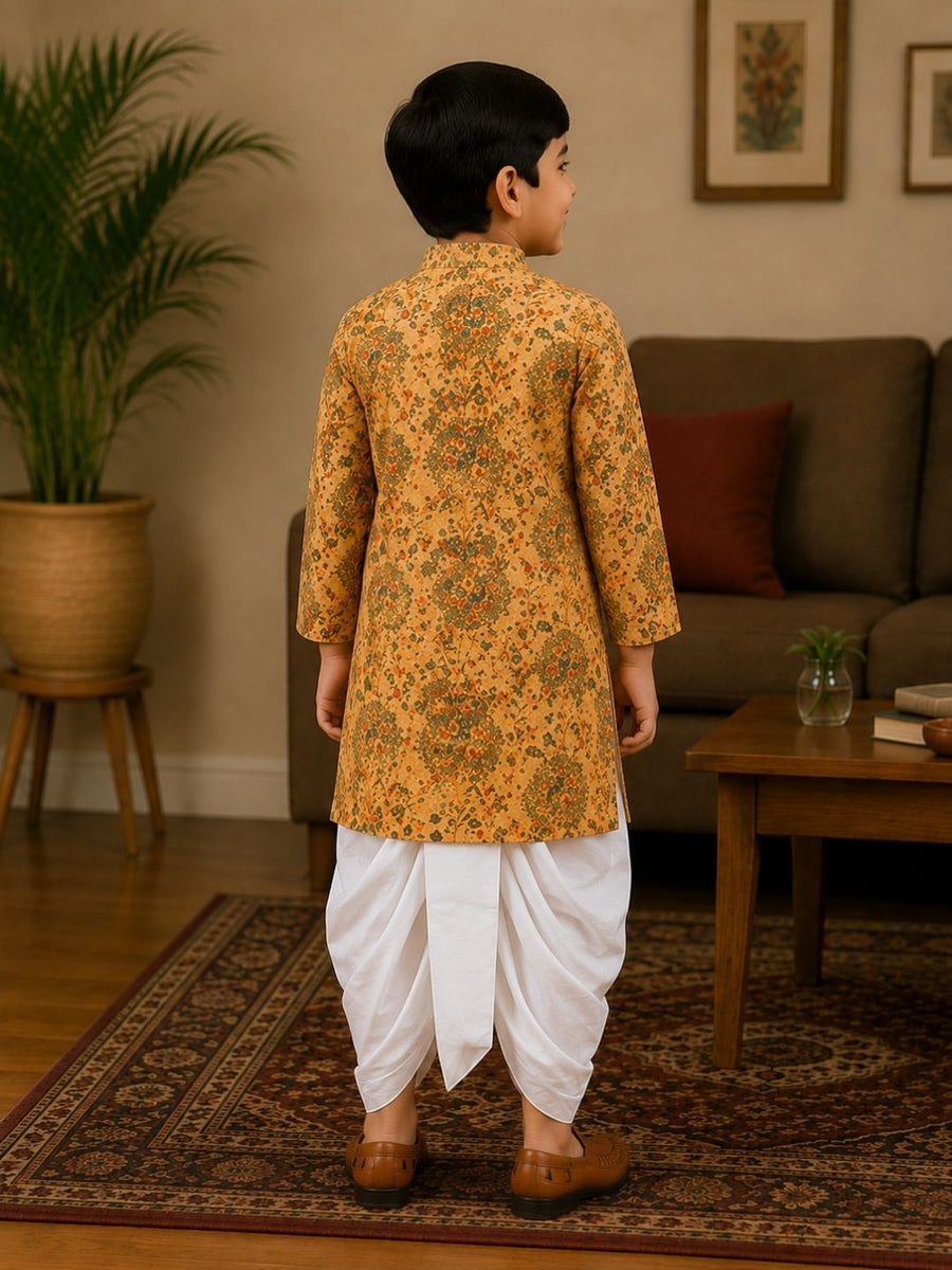 Boys Mandarin Collar Digital Print Ethnic Kurta Set - Mustard Yellow (Style BK172)