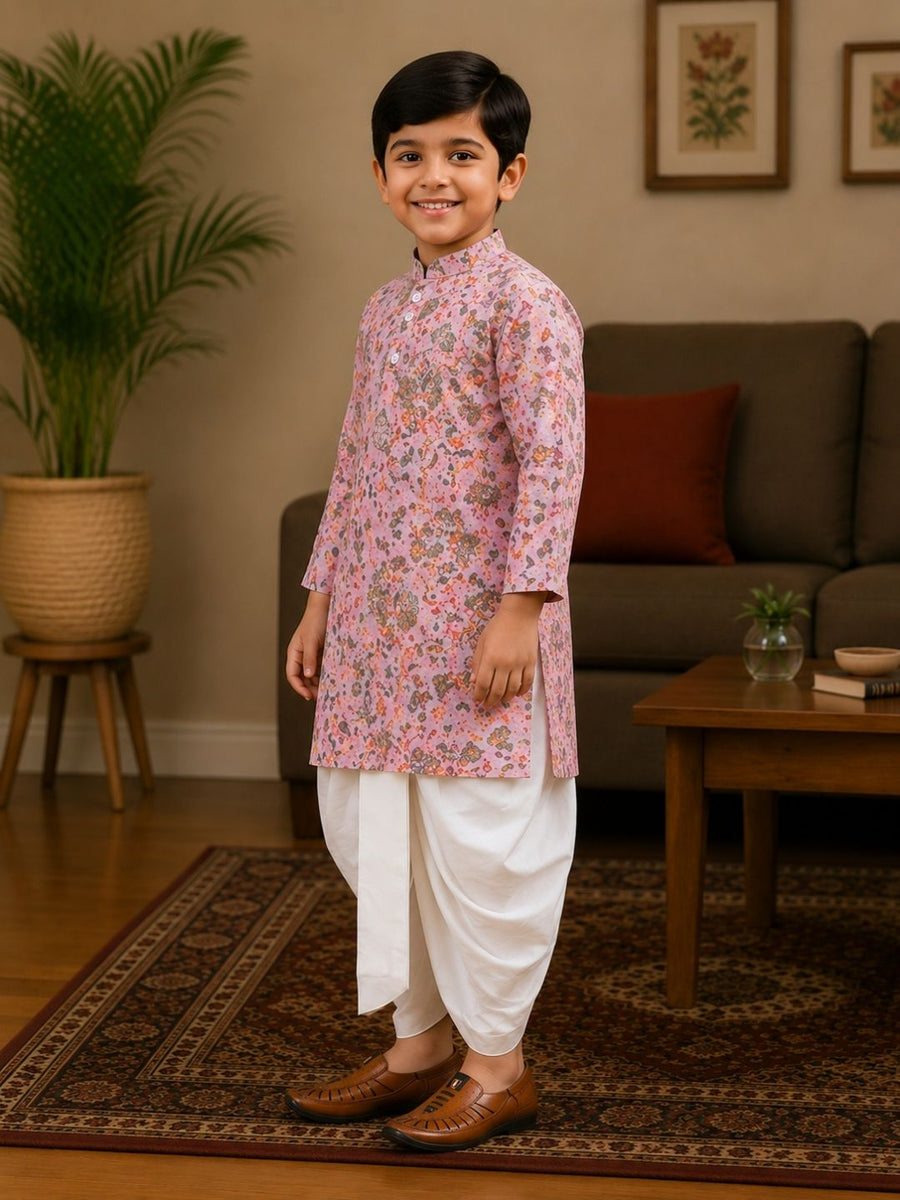 Boys Mandarin Collar Digital Print Ethnic Kurta Set - Pink (Style BK173)