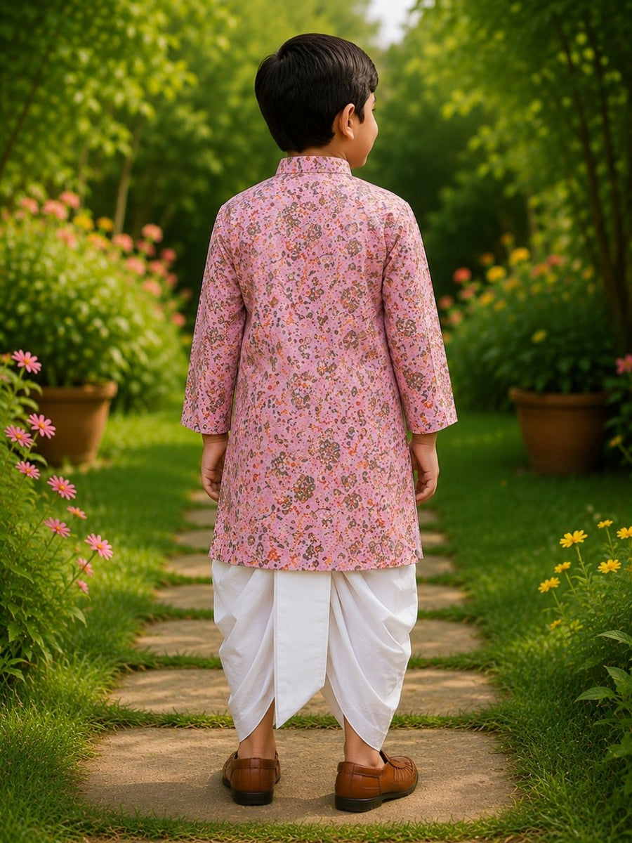 Boys Mandarin Collar Digital Print Ethnic Kurta Set - Pink (Style BK173)