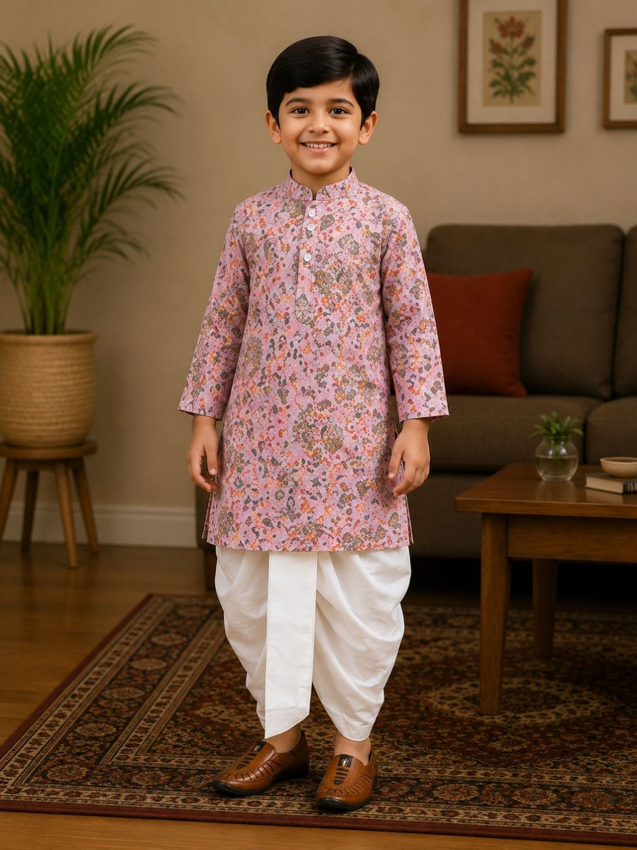 Boys Mandarin Collar Digital Print Ethnic Kurta - Pink (Style BK173) (shown with dhoti pant, not included)