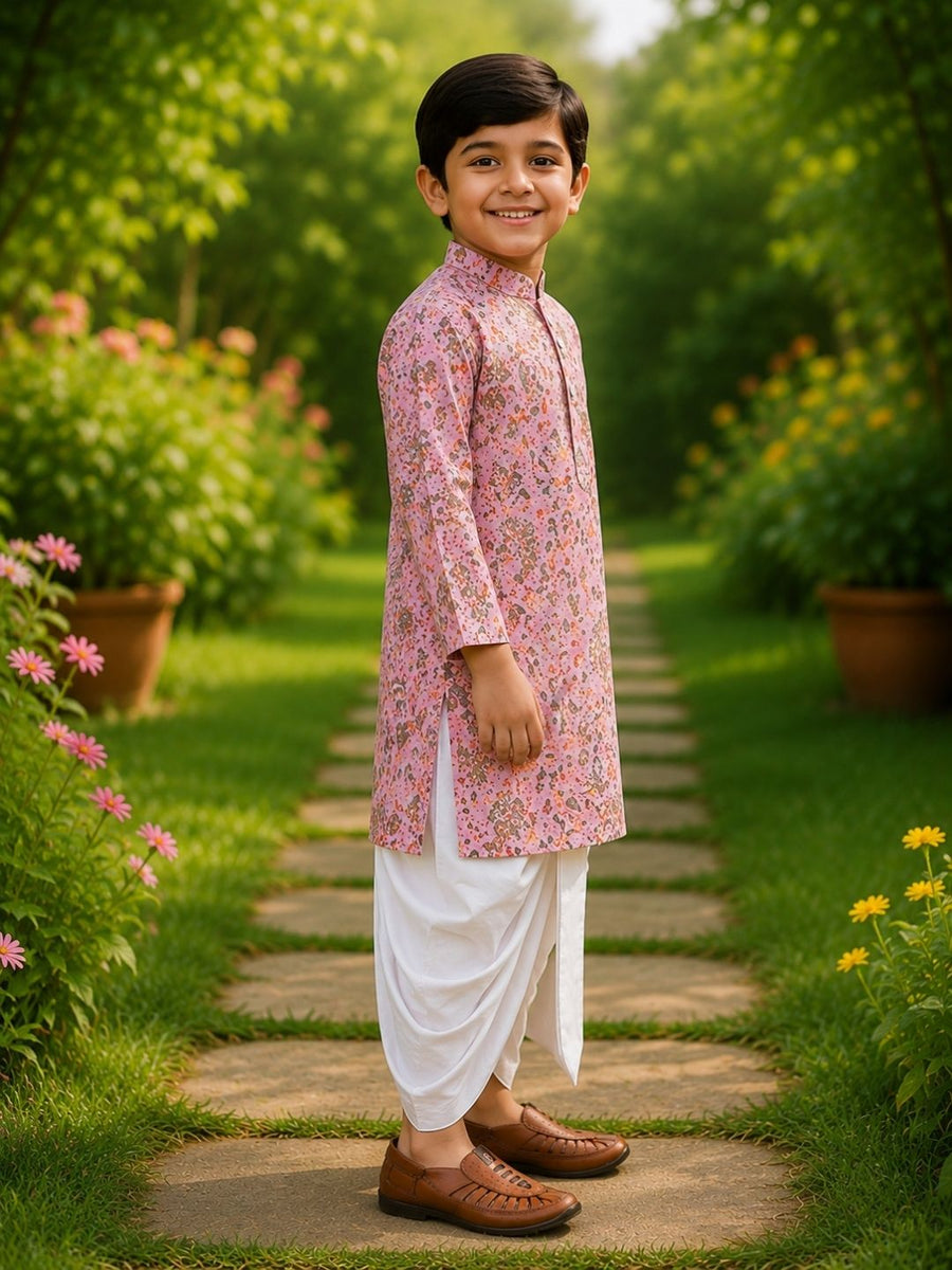 Boys Mandarin Collar Digital Print Ethnic Kurta - Pink (Style BK173) (shown with dhoti pant, not included)