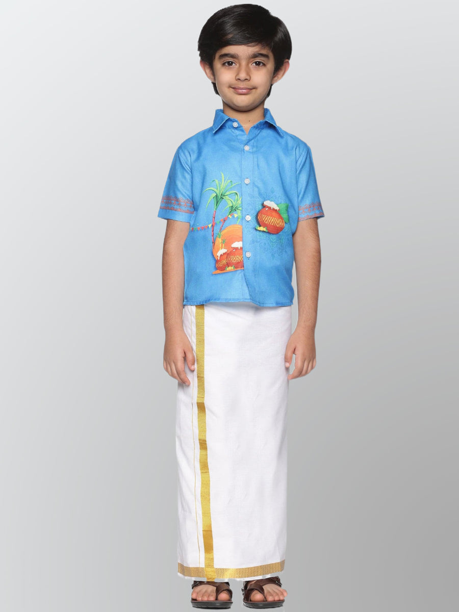Boys Printed Pop Colour Pongal Shirt with Dhoti Set