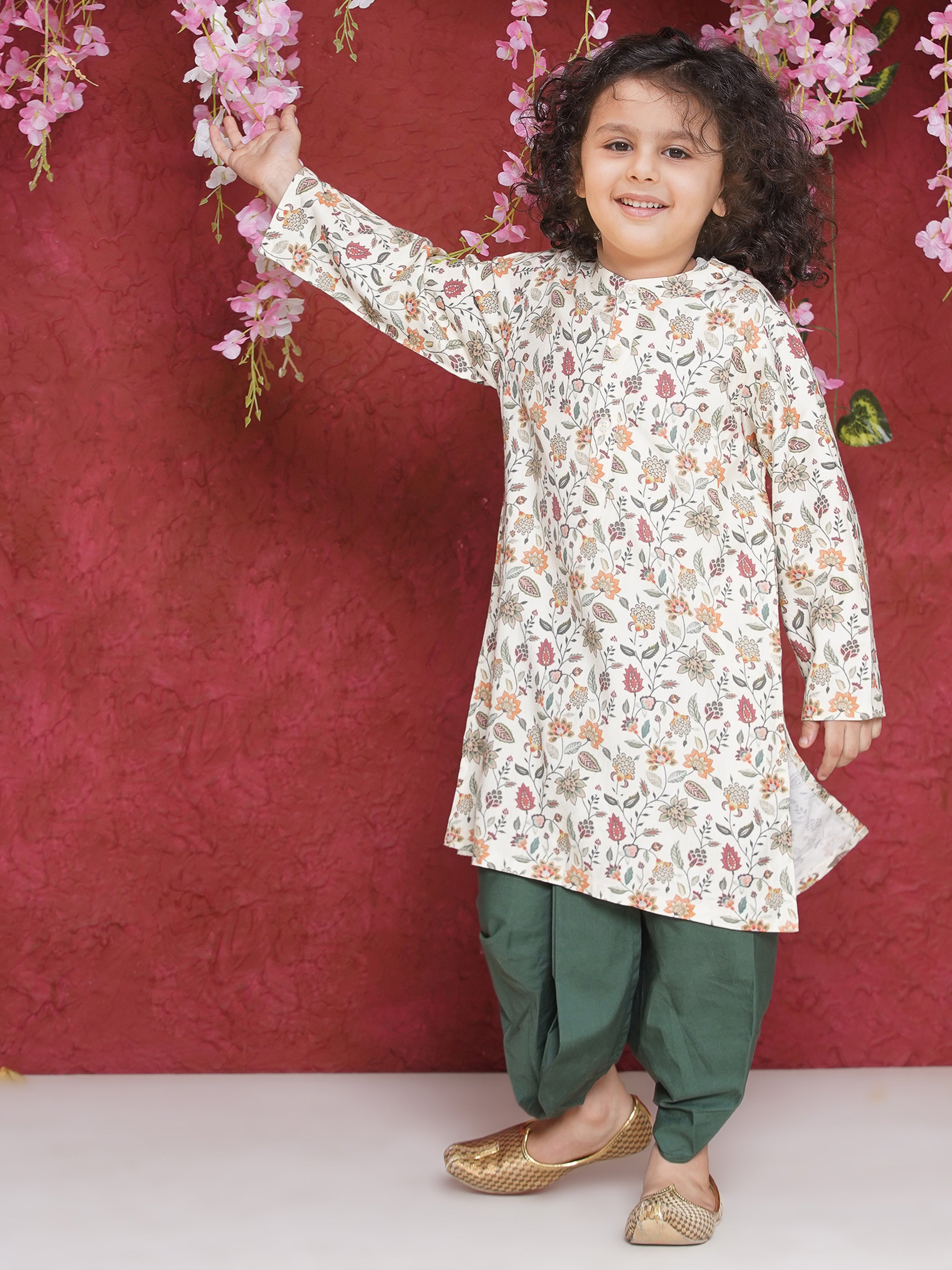 Boy's Floral Print Kurta DhotiPant Set