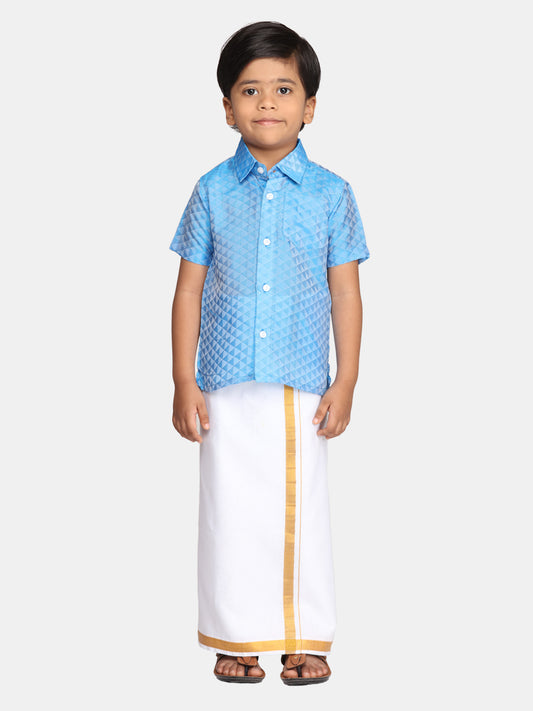 Boys Blue Colour Readymade Shirt With Dhoti Set
