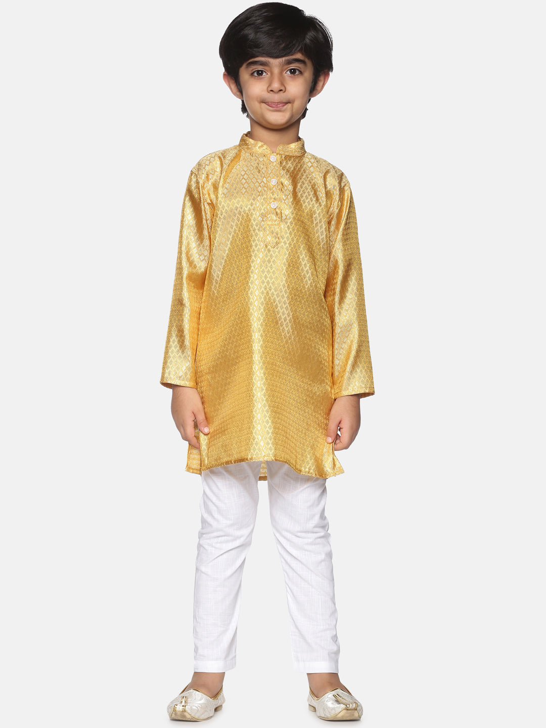 Boys Gold Colour Polyester Kurta Pyjama Set
