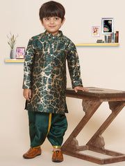 Boys Gold Marble Print Kurta and Gold Lace Dhotipant Set #color_green