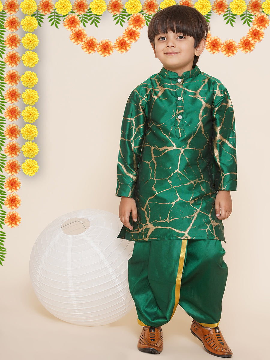 Boys Gold Marble Print Kurta and Gold Lace Dhotipant Set #color_green